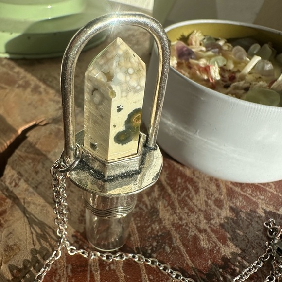 Essential Oil Rollerball Necklace - Ocean Jasper Stone - Refillable Oil Roller - Picture 4 of 8